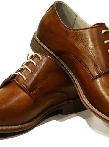Handmade Italian Mens Color Brown Oxfords Dress Shoes - Cowhide Hand Painted Leather - Lace-Up
